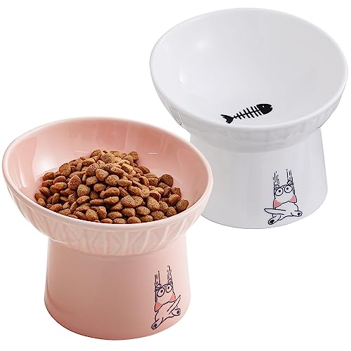 6.5 Inch Extra Wide Ceramic Raised Cat Bowls, Porcelain Tilted Elevated Cat Food Water Bowl Dish, Stress Free Pet Feeder Dishes for Cats & Small Dogs, Whisker Fatigue, White & Pink - color: White & Pink