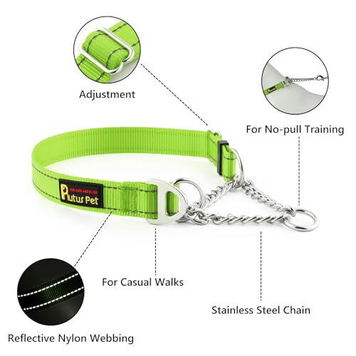 Plutus Pet Martingale Dog Collar with Stainless Steel Chain and Reflective Nylon, Adjustable No Pull Training Collar, for Small Medium, and Large Dogs, Lime Green, S - color: Lime Green, size: Small