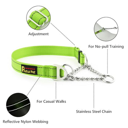 Plutus Pet Martingale Dog Collar with Stainless Steel Chain and Reflective Nylon, Adjustable No Pull Training Collar, for Small Medium, and Large Dogs, Lime Green, S - color: Lime Green, size: Small
