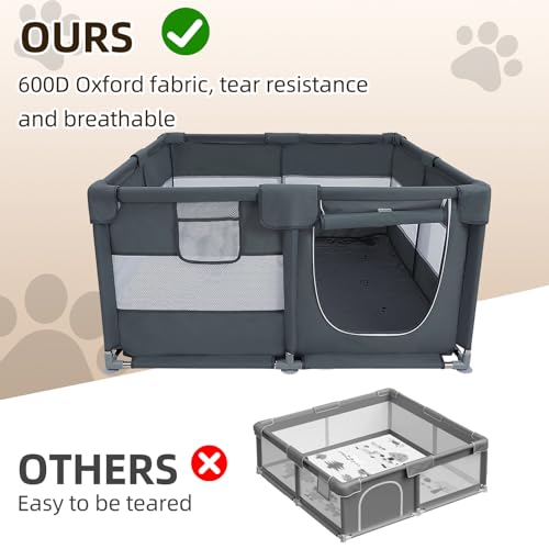Dog Playpen Oxford Fabric Dog Fence with Washable Pee Pads,50 x 50 x 26 Inches,Steel Pipe,Breathable Mesh, Zipper Gate, Portable Indoor Outdoor Pet Fence Cage for Whelping,Dog Kennel Crate, Grey