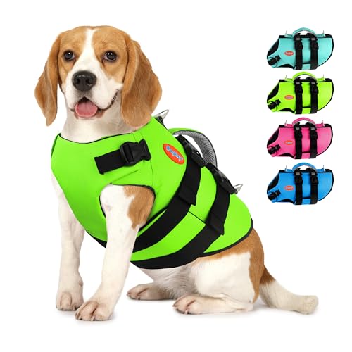 Dog Life Jacket Neoprene, High Buoyancy Dog Harness Life Vest for Swimming and Boating, Adjustable Swim Vest with Rescue Handle for Small Medium Large Dogs - color: Fluorescent Green, size: Large