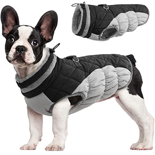 FUAMEY Dog Coat for Small Dogs,Waterproof Dog Winter Jacket with Harness Built in Puppy Cold Weather Coats Reflective Pet Vest with Zipper Warm Fleece Dogs Snowsuit Windproof Black XS - color: Black, size: XS(chest:14in)