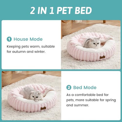 Cat Bed with Hooded Blanket, Round Fluffy Anti-Anxiety Pet Bed for Cats/Toy Breed Dogs, Cozy Donut Cuddler with Machine Washable Faux Fur & Anti-Slip Bottom(20"×20"×6",Pink) - color: Pink, size: 20"×20"×6"