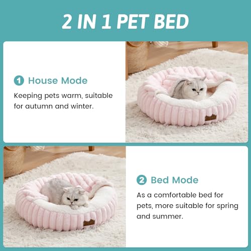 Cat Bed with Hooded Blanket, Round Fluffy Anti-Anxiety Pet Bed for Cats/Small Dogs, Cozy Donut Cuddler with Machine Washable Faux Fur & Anti-Slip Bottom(23"×23"×6",Pink) - color: Pink, size: 23"×23"×6"