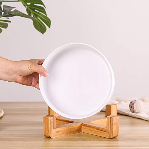Ceramic Dog Bowl with Bamboo Stand - Large Dog Dish for Food and Water - Heavy Weighted, No Tip Over - 8.4" Diameter - White - color: White