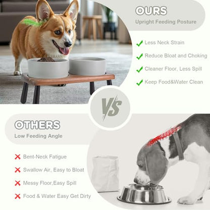 SPUNKYJUNKY Ceramic Elevated Dog Bowls Raised with Acacia Bamboo Wooden Stand, 6.1'' Dog and Cat Food Water Bowls Set Non-Slip for Small Medium Sized Breed Microwave Dishwasher Safe - 28.7 OZ,Grey - color: Grey, size: 6.1 in - Dual