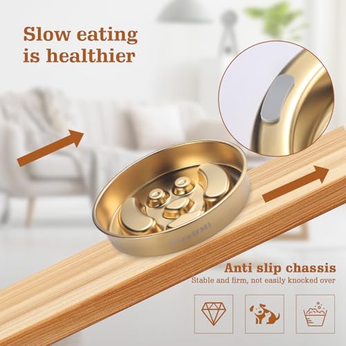 Golden Stainless Steel Slow Feeder Dog Bowls – Non-Slip Metal Dog Bowl for Large & Medium Breeds, Puppy Puzzle Feeder – 2 Cup for Small to Big Pets – Durable Slow Feed Dog & Cat Food Dish with Mat - color: Face With Mat-Golden