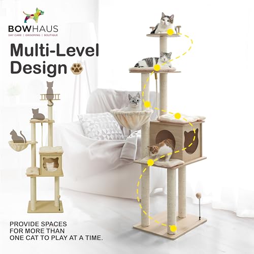 BOWHAUS 64” Wooden Cat Tree Tower for Indoor Large Cats & Kittens, Modern Tall Cat Climbing Tree w/Cave Condo, Scratching Posts, Hammock, Multi-Level Cat Tower w/Interactive Toy & Detachable Cushion