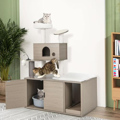 Tangkula Cat Tree with Litter Box Enclosure, Cat Tower with Litter Box, Cat Condo, Scratching Board, Soft Plush Perch, Dangling Balls, Groomer, Modern Hidden Litter Box Furniture for Indoor Cats