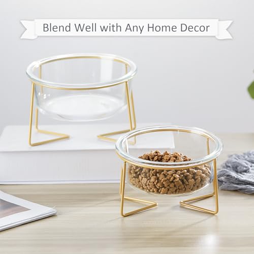 Small Glass Tilted Elevated Cat Dog Bowl Raised Cat Food Water Bowl Dish Pet Comfort Feeding Bowls with Gold Iron Stand - color: Glass, size: Small