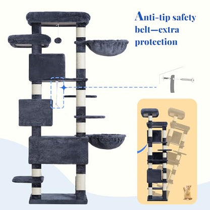 Hey-brother Cat Tree, 74 inches Multi-Level XL Large Cat Tower for Indoor Cats with Three Cat Condos, Two Large Top Decks and Cat Hairbrushfor Kittens, Cats and Pets, Smoky Gray MPJ035-MG - color: Smoky Gray