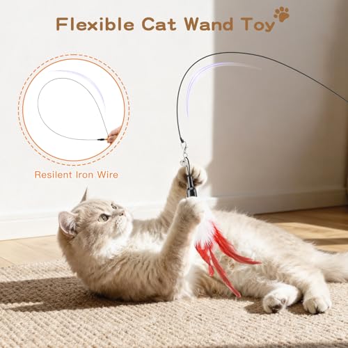 Pawaboo Feather Teaser Cat Toy, Interactive Wands Cats Toy Flying Feathers Cat Catcher with Extra Long 34.5" Wand and Small Bell, Playing Toys, 1 Wand + 10 Feathers, Multi-Color Feather Blend - color: Z-Mixed Color-10 Pack