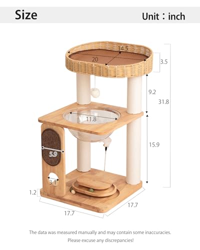 Wood Cat Tree for Large Cats, Modern Cat Tree Tower with Wide Shelves Cotton Scratching Posts, Super Sturdy Base, Cozy Perches, and Interactive Toys for Indoor Kittens 31-Inch - color: Nature S81