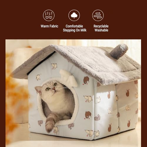 Pssopp Kitten House Bed, Fully Removable and Washable 4 Seasons Universal Secure and Cozy Enclosured Environment Detachable Soft Cat Tent Bed for Indoor Use (Gray)