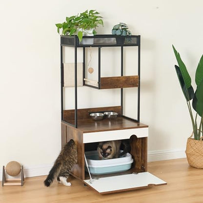 Cat Litter Box Enclosure Cat House Cat Washroom Furniture Cat Cabinet with Storage Shelf, Cat Tree Tower, White+Vintage