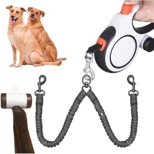 Dual Retractable Dog Leash 2 Large Dogs (Up to 110 Lbs Each), 2 Headed Pet Leash with Poop Bags, 26ft/8m Extension, Non-Slip Grip, One-Button Break & Lock, 360-degree Tangle-Free (White, Extra Large) - color: White, size: Extra Large