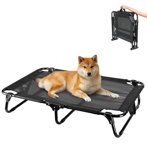 Foldable Elevated Dog Bed for Medium Sized Dogs, 36"x23"x7" Raised Pet Bed with No Setup, Outdoor Dog Bed with Breathable Mesh, Non-Slip Feet Durable Dog Cots Bed, Black