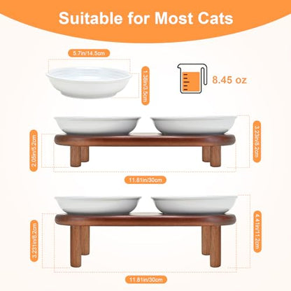 SPUNKYJUNKY Shallow Elevated Cat Bowl with Acacia Wood Stand Wide Raised Ceramic Cat Dishes Whisker Friendly Pet Food and Water Plates (Striped Pattern, White) - color: White
