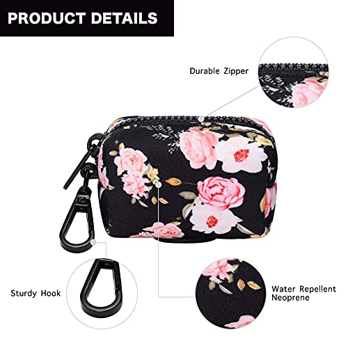 Dog Poop Bag Holder Leash Attachment, Waste Bag Dispenser Zippered Pouch, Fits Any Leash, Includes Free Roll of Bags, 2 Packs - Pink Rose - color: Black with Pink Rose