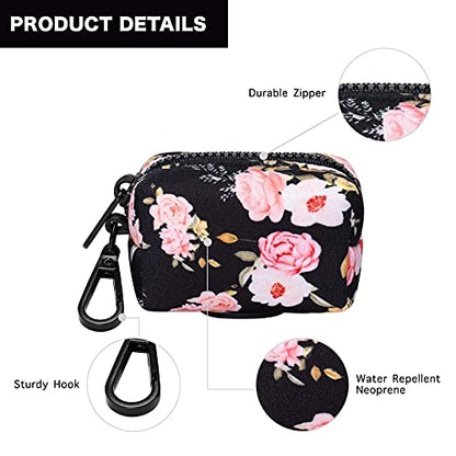 Dog Poop Bag Holder Leash Attachment, Waste Bag Dispenser Zippered Pouch, Fits Any Leash, Includes Free Roll of Bags, 2 Packs - Pink Rose - color: Black with Pink Rose