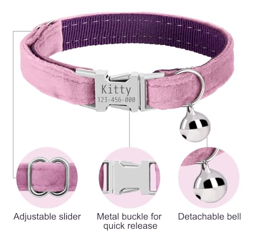 Personalized Cat Collar with Name Plate,Adjustable Tough Nylon Cat ID Collars with Bell,Customize Engraved Pet Name and Phone Number (Velvet Style B)