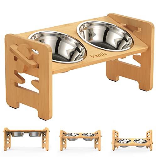 Vantic Elevated Dog Bowls, Adjustable Raised Dog Bowl Stand for Small Puppy and Cats, Sturdy Bamboo Pet Food Feeder with 2 Stainless Steel Dishes, Natural - color: Bamboo, size: for Small Dogs and Cats