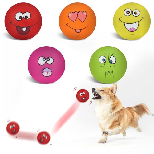 Squeaky Dog Toy Chewing Dog Toys Durable Teething Latex Rubber Soft Interactive Fetch Play Dog Balls with Funny Face for Puppy Small Medium Pet Dog (5PCS) - color: 5 PCS Smile Face