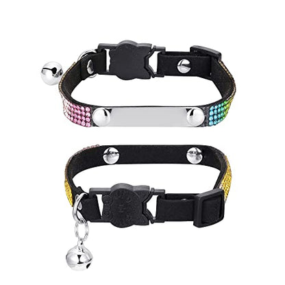 Personalized Cat Collar Breakaway Diamond Rhinestone with Bell, Customized Bling Kitten Pet Collar Adjustable with Engraved ID Name Plate (Black) - color: Black