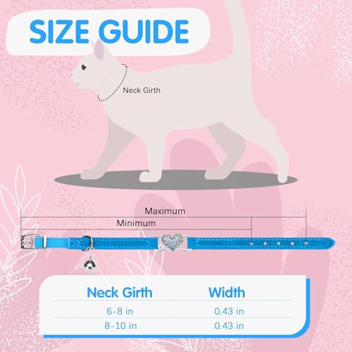 BINGPET Diamond Cat Collar,Adjustable Soft Velvet Leather Safe Kitten Collar with Crystal Heart Charm and Bells,Girl Boy Bling Stylish Cat Collars with Safety Elastic (Blue, Neck Girth 8"-10") - color: Blue(Heart), size: Neck Girth 8"-10"