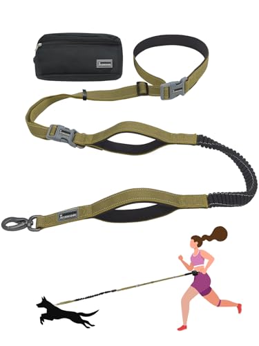 Hands Free Dog Leash with Zipper Pouch & Waist Belt – Reflective Durable Bungee Leash with Dual Padded Handles for Walking, Jogging & Running, Fits Small to Large Dogs (Yellow) - color: Yellow