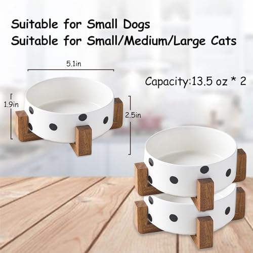 Petygooing Ceramic Dog Bowl Set with Stand, Small Pet Bowls, Anti-Slip Cat & Dog Food and Water Bowl Set (13.5OZ/5.1 in) Black Dot - color: Black Dot, size: Puppy/Small Size Dogs & Cat Bowls 400ML*2