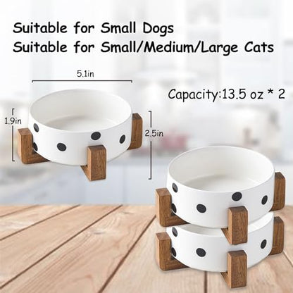 Petygooing Ceramic Dog Bowl Set with Stand, Small Pet Bowls, Anti-Slip Cat & Dog Food and Water Bowl Set (13.5OZ/5.1 in) Black Dot - color: Black Dot, size: Puppy/Small Size Dogs & Cat Bowls 400ML*2