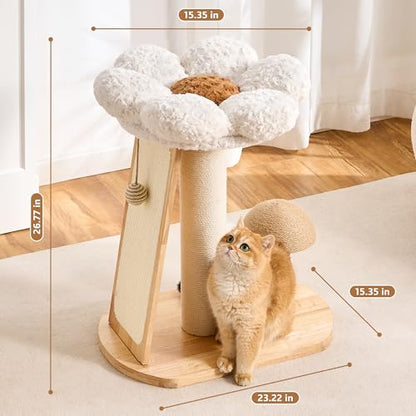 HITTITE Solid Wood Cat Tree Tower, Cat Scratching Post with Bed, 27" Small Flower Cat Tree, Compact Cat Tower with Scratching Pad and Cat Bed, Mushroom Modern Cat Tower for Indoor Cats Large Adult. - color: Flower Cat Bed