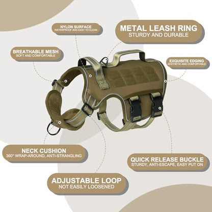 Tactical Dog Harness Medium Sized, Heavy Duty No Pull Dog Harness with Handle, Easy On and Off Service Dog Vest with Molle System, Adjustable Reflective Pet Vest for Walking Hiking Training - color: Khaki, size: M(Neck:17-23",Chest:22-32"),35-50 lbs