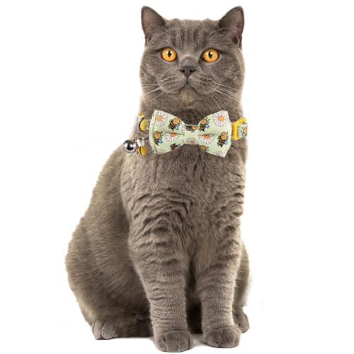 Cat Collar Breakaway with Cute Bow Tie Bandana and Bell Accessories Bee for Kitty Adjustable Safety - color: bee