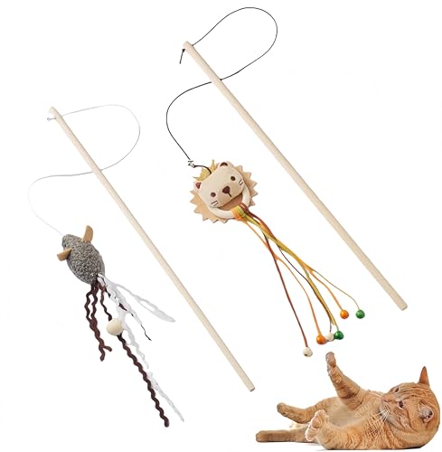 NOWFRESH Cat Wand Toy Set, 2 PCS Interactive Cat Teaser Wands with Cute Lion & Mouse Designs, Equipped with Bells and Streamers to Captivate Your Cat’s Attention - color: Lion and mouse