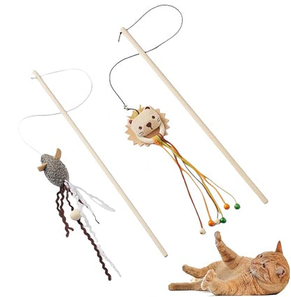 NOWFRESH Cat Wand Toy Set, 2 PCS Interactive Cat Teaser Wands with Cute Lion & Mouse Designs, Equipped with Bells and Streamers to Captivate Your Cat’s Attention - color: Lion and mouse