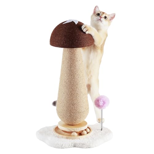 Mushroom Cat Scratching Post with Interactive Ball Track Spring Ball Cat Toys, 21.2" Cat Jute Scratcher Tree for Indoor Cats, Brown - color: Brown