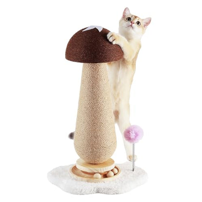 Mushroom Cat Scratching Post with Interactive Ball Track Spring Ball Cat Toys, 21.2" Cat Jute Scratcher Tree for Indoor Cats, Brown - color: Brown