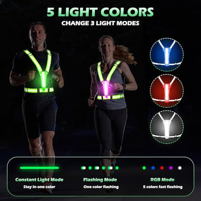 LED Reflective Running Vest - Light Up Running Vest with 3 Light Mode & 5 Colors, Reflective Vest & Running Lights for Runners, Rechargeable Night Running Gear - Reflective Belt Safety Vest