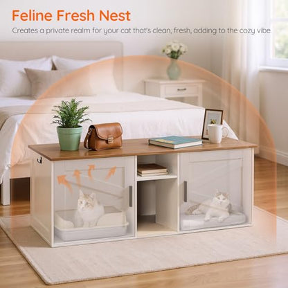 HOOBRO Double Litter Box Enclosure, Modern Cat Litter Box Furniture with Storage and Mat Design, Farmhouse Hidden Litter Box Enclosure with 2 Hooks, White and Walnut WH23MW01 - color: White + Walnut