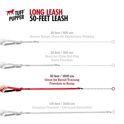 Tuff Pupper Heavy Duty Long Dog Leash | 50 Foot | Buckle Handle | High Visibility Nylon Webbing | Rust Resistant Swivel Clip - size: 50 Foot