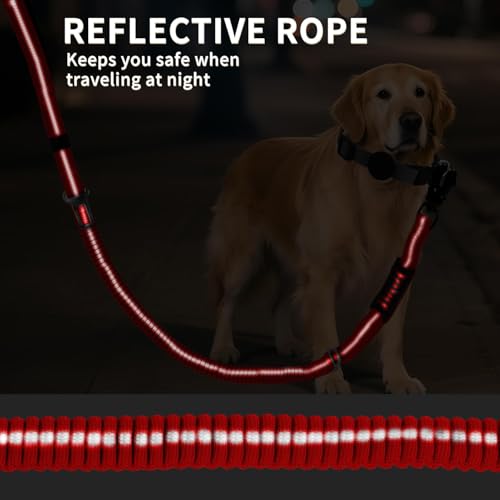 Heavy Duty Tactical Dog Leash, 4-6FT Shock Absorbing Bungee Lead with 2 Padded Handles, Metal Carabiner & Seatbelt Clip, Reflective No-Pull Leash for Medium/Large Dogs (Red) - color: Red