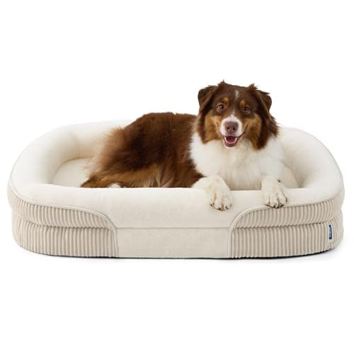 Bedsure L Plus Orthopedic Dog Beds Large Sized Dog - 360° Oval Bolster Large Dogs Bed for Senior Dogs with Waterproof Washable Cover, Big Comfort Pet Sofa Couch with Ultra-Soft Fleece, Beige, 38" - color: Beige, size: 38"lx28"wx7"th