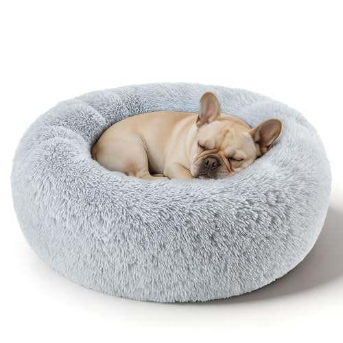 Dog Calming Beds for Small Medium Dogs - Round Donut Washable Dog Bed, Anti-Slip Faux Fur Fluffy Donut Cuddler Anxiety Cat Bed(Light Grey 28") - color: Light Gray, size: 28"L x 28"W x 8"Th