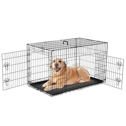 Sweetcrispy Dog Crate, 48 Inch Double Door Folding Metal Wire Dog Cage with Plastic Leak-Proof Pan Tray, Extra Large Pet Kennel for Indoor, Outdoor, Travel - size: 48.4"L x 30.0"W x 31.3"H, style: Double Door