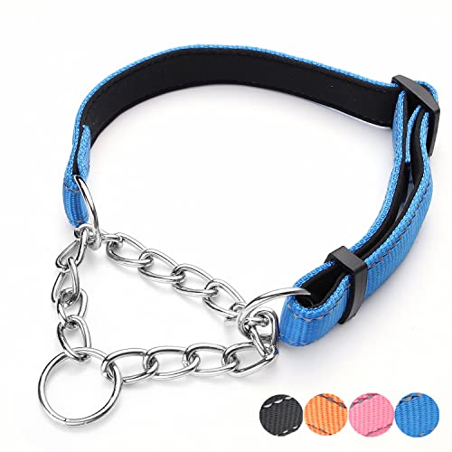 Martingale Dog Collars Adjustable Soft Nylon Reflective Collars with Stainless Steel Chain Walking Training Collars Heavy-Duty Puppy Chain Collars for Small,Medium,Large Dogs(Blue,S) - color: Blue, size: S-(dog's neck10-15inches)
