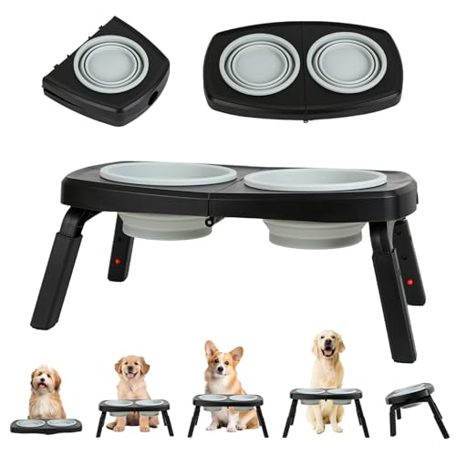 Elevated Dog Bowls Stand, 3 Height Adjustable Raised Dog Bowl with Collapsible Silicone Bowls, Non-Slip Stand for Small, Medium, Large Dogs & Pets