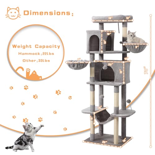 Letkind 70-Inch Cat Tree,Large Cat Tree Tower with Hammock, Scratching Post, Condo and Multi-Level Cat Tower for Large Cats, Cat Activity Center Playhouse, Light Gray LCT016 - color: Light Grey