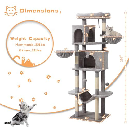 Letkind 70-Inch Cat Tree,Large Cat Tree Tower with Hammock, Scratching Post, Condo and Multi-Level Cat Tower for Large Cats, Cat Activity Center Playhouse, Light Gray LCT016 - color: Light Grey
